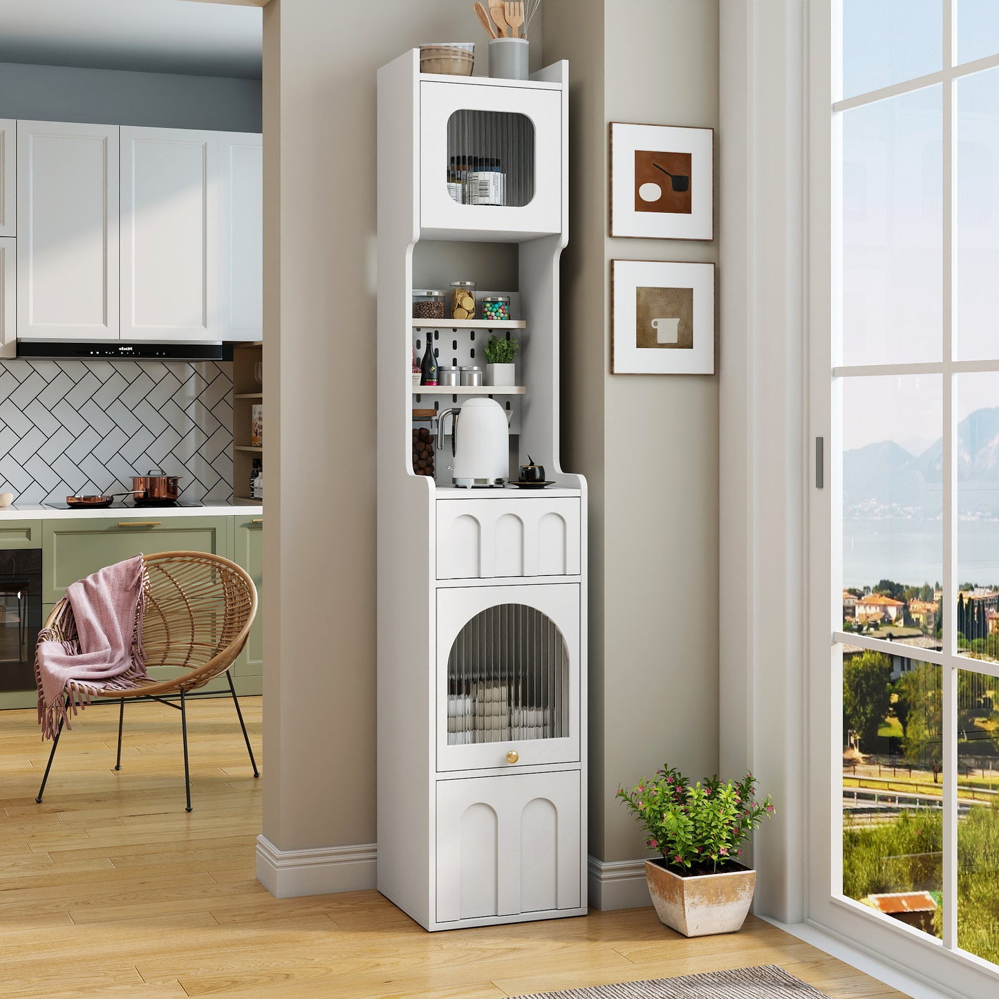 VIYET 71" Tall Narrow Storage Cabinet - White Particle Board+MDF, 1 Door & 2 Drawers, Kitchen Use