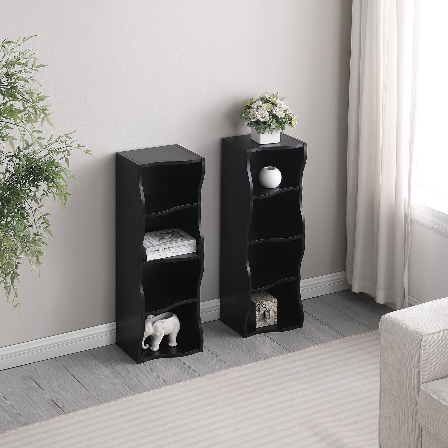 VIYET 71" 8-Tier Ultra-Thin Adjustable Bookshelf, Black MDF Display Rack w/ Wavy Border (Detachable Home Office Organizer)