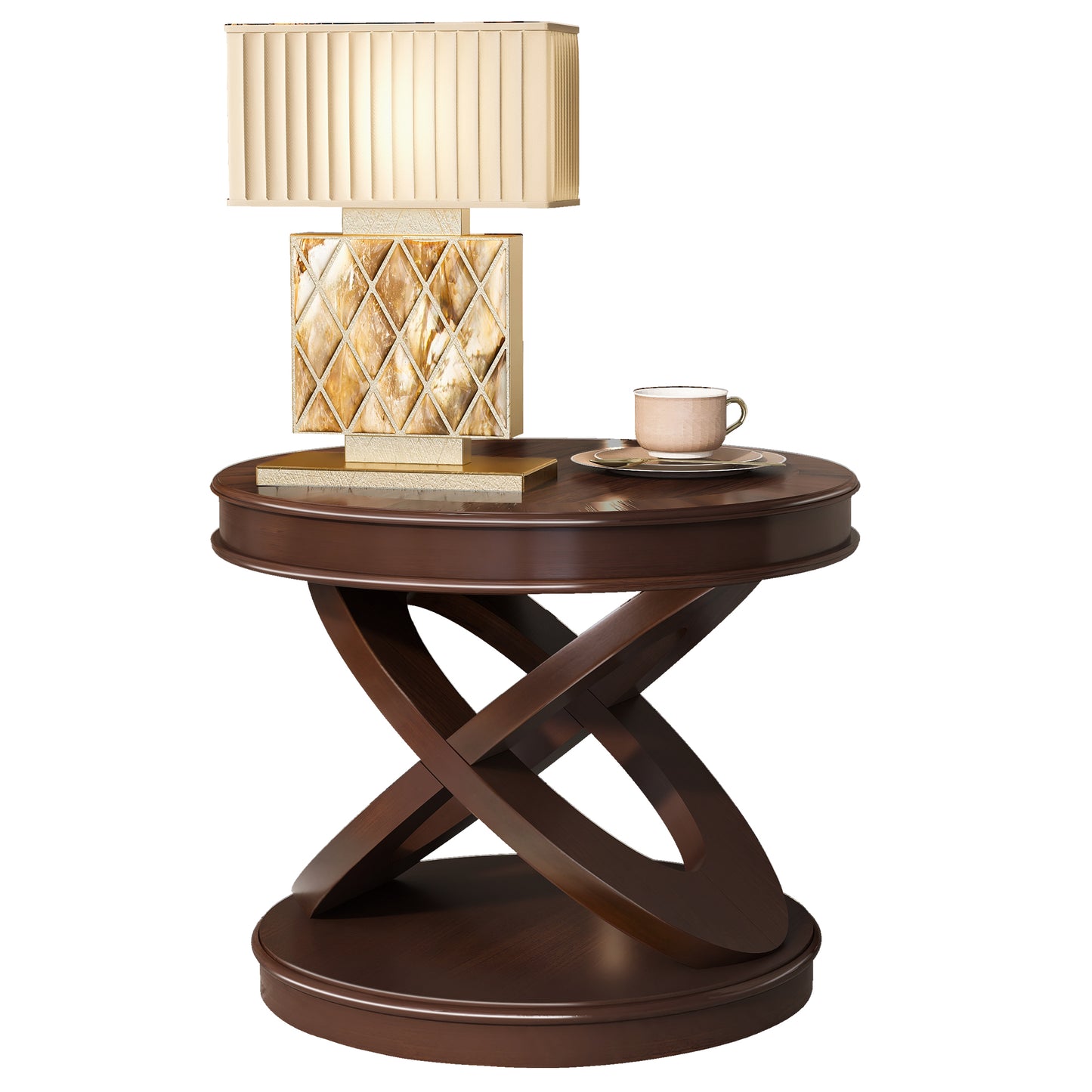 VIYET 20" Retro Round Wooden End Table - X-Shape Base, Solid Wood Veneer, Walnut
