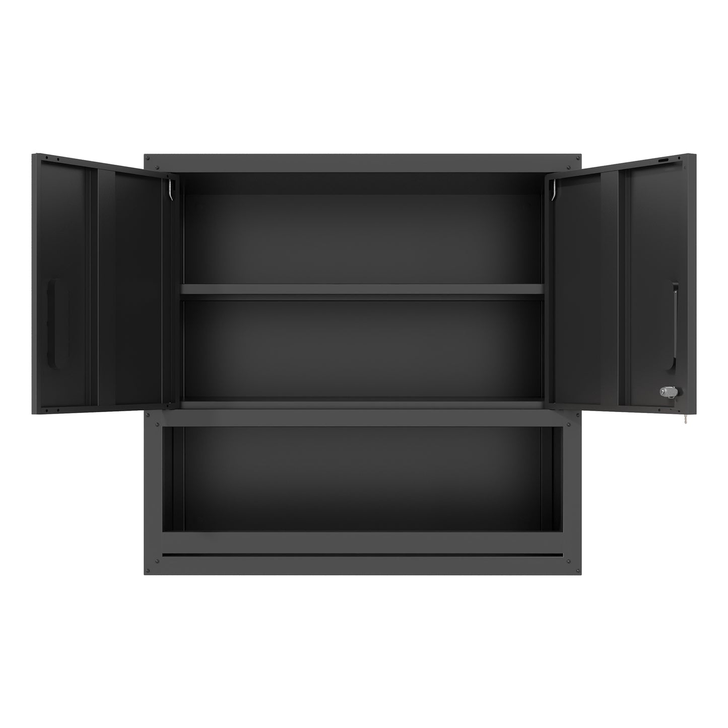 VIYET 30"H Wall-Mounted Steel Cabinet - Locking Doors + Open Drawer + Adjustable Shelf, Cold-Rolled Steel with Rust-Resistant Coating, Black for Garage/Office/Warehouse/Home/School