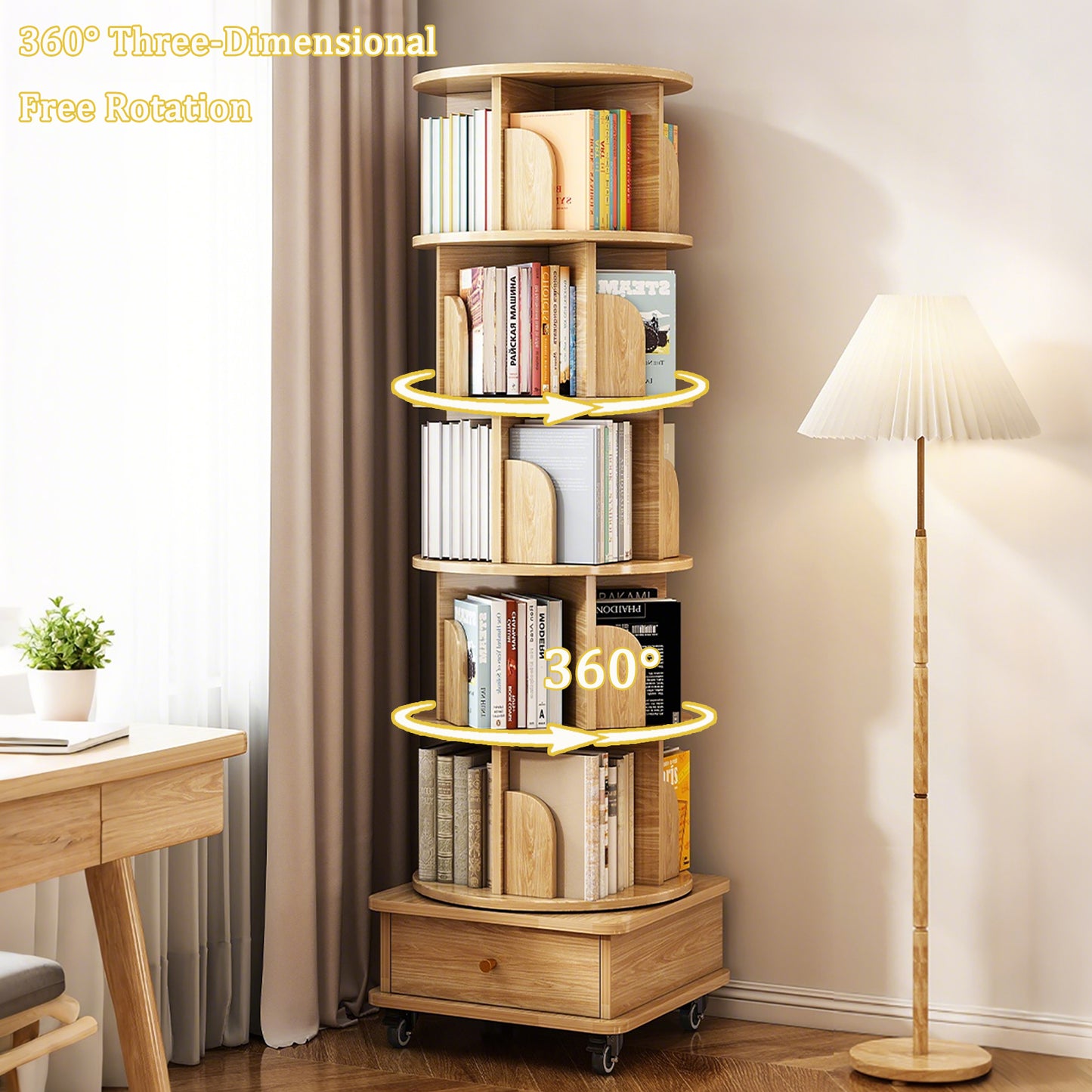 VIYET 68" 6-Tier 360° Rotating Bookshelf, Wood Color MDF Tower w/ Wheels & Drawer (Space-Saving Storage for Home/Office)