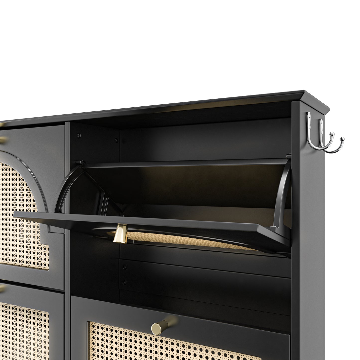 VIYET 35" Mid-Century Narrow Shoe Cabinet, MDF Organizer w/ 4 Rattan Flip Drawers &2 Silver Hooks,Black+white
