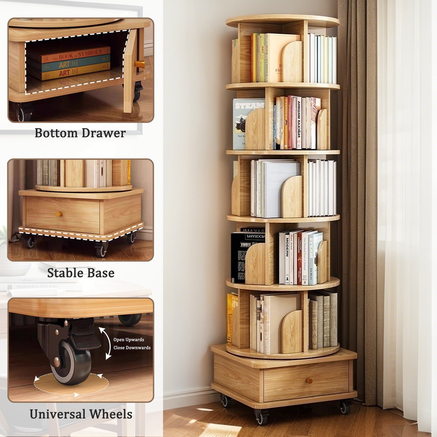 VIYET 68" 6-Tier 360° Rotating Bookshelf, Wood Color MDF Tower w/ Wheels & Drawer (Space-Saving Storage for Home/Office)