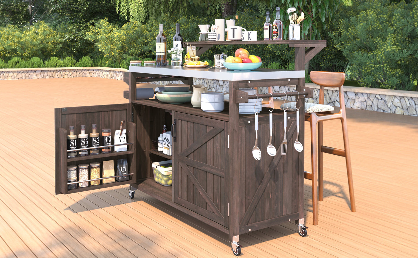 VIYET 43" K&K Outdoor Kitchen Island, Brown Solid Wood Grill Cart w/ Stainless Steel Top (Raised Shelf+Adjustable Storage Rack)