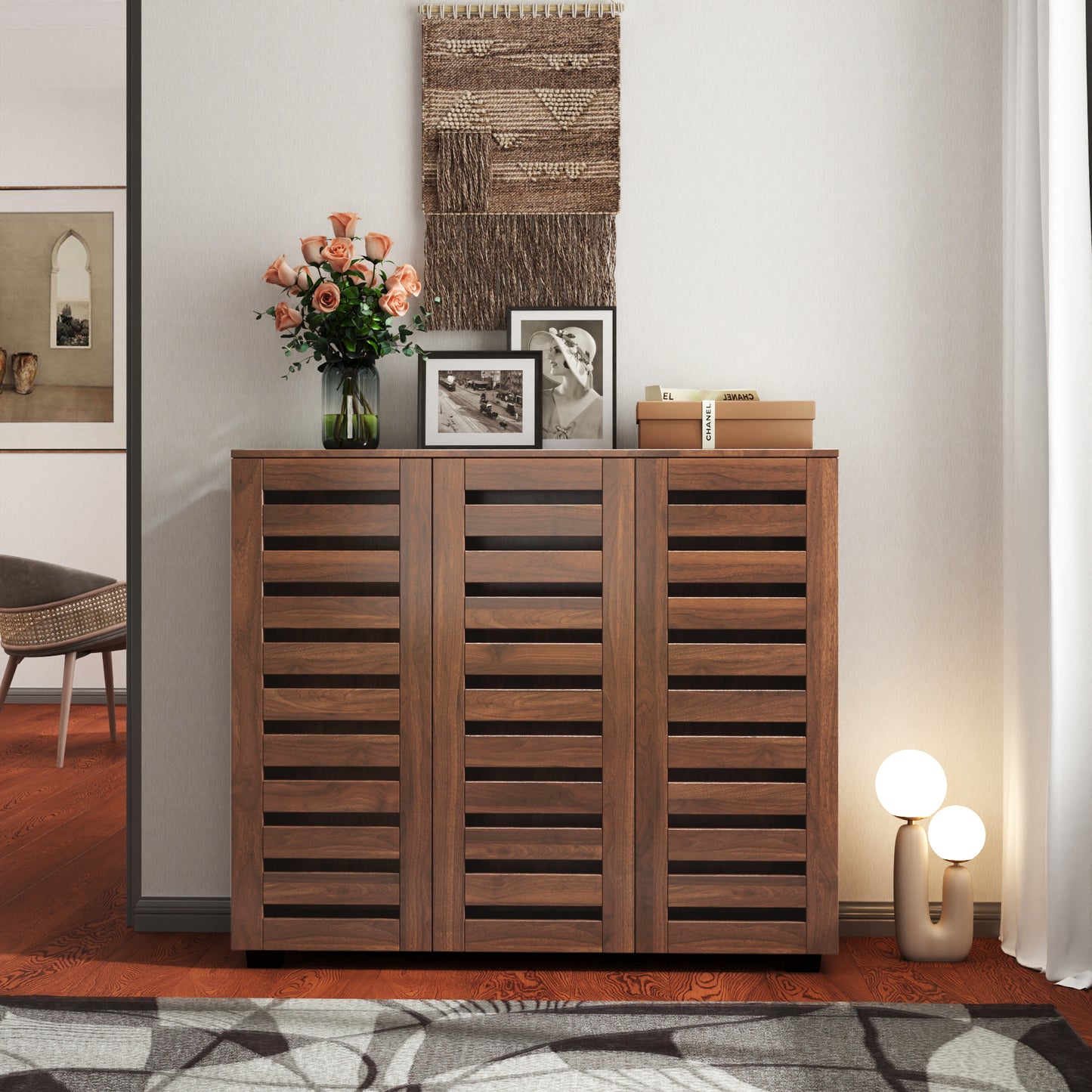 VIYET 38.7" 5-Tier Shoe Cabinet, Walnut Particle Board+MDF Organizer w/ Adjustable Shelves & Louvered Doors