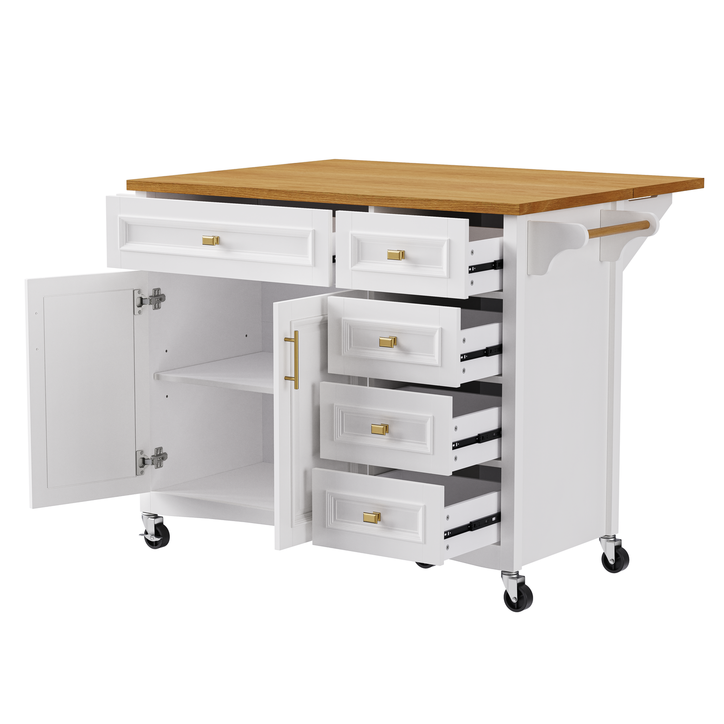 VIYET 36" K&K Kitchen Island with Drop Leaf, White MDF Storage Cart w/ Oak Veneer Top (2 Doors+5 Drawers+Adjustable Shelf)