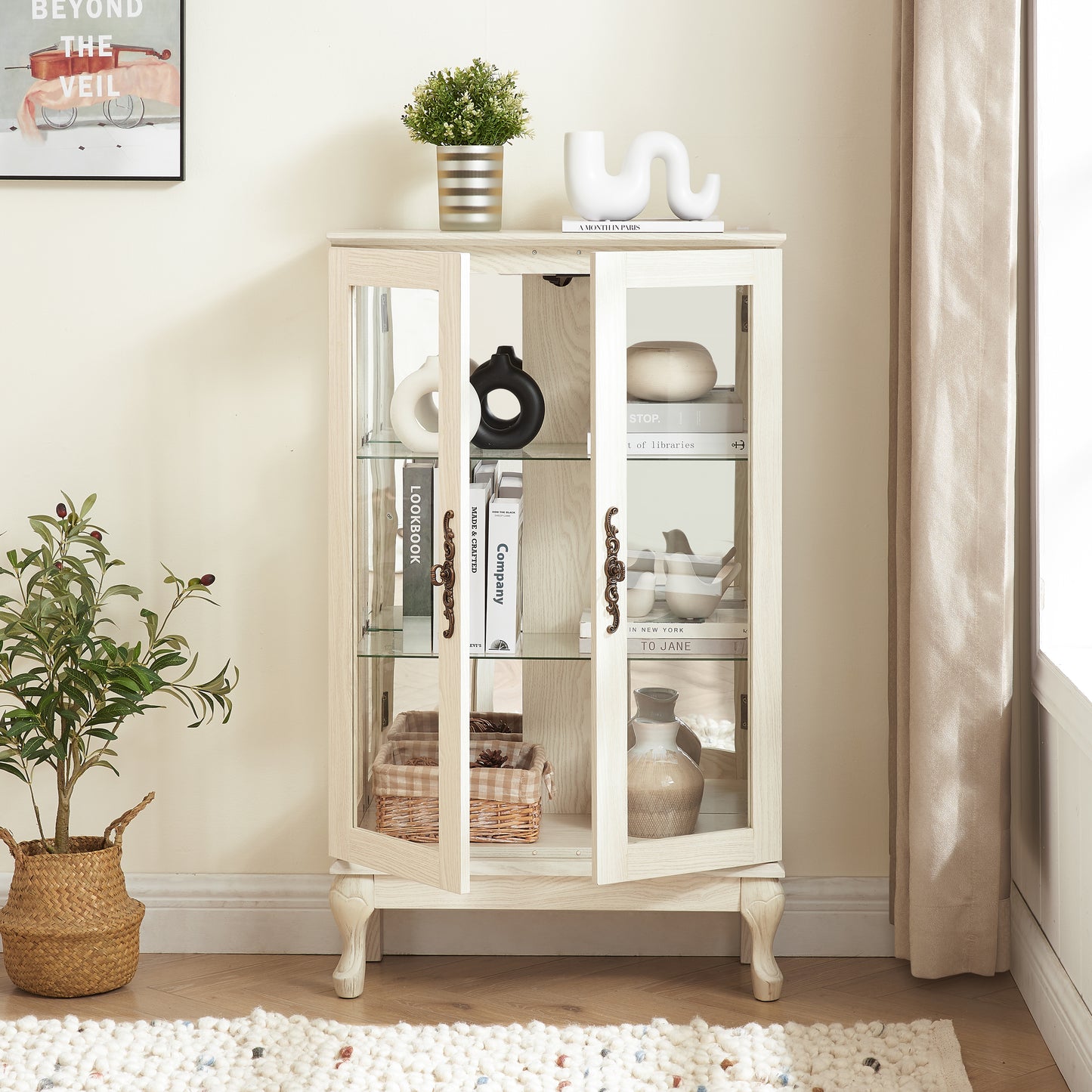 VIYET 44" Lighted Curio Cabinet, White MDF+Glass Display w/ Tempered Glass Doors & Adjustable Shelves (Mirrored Back, Bulb Included)