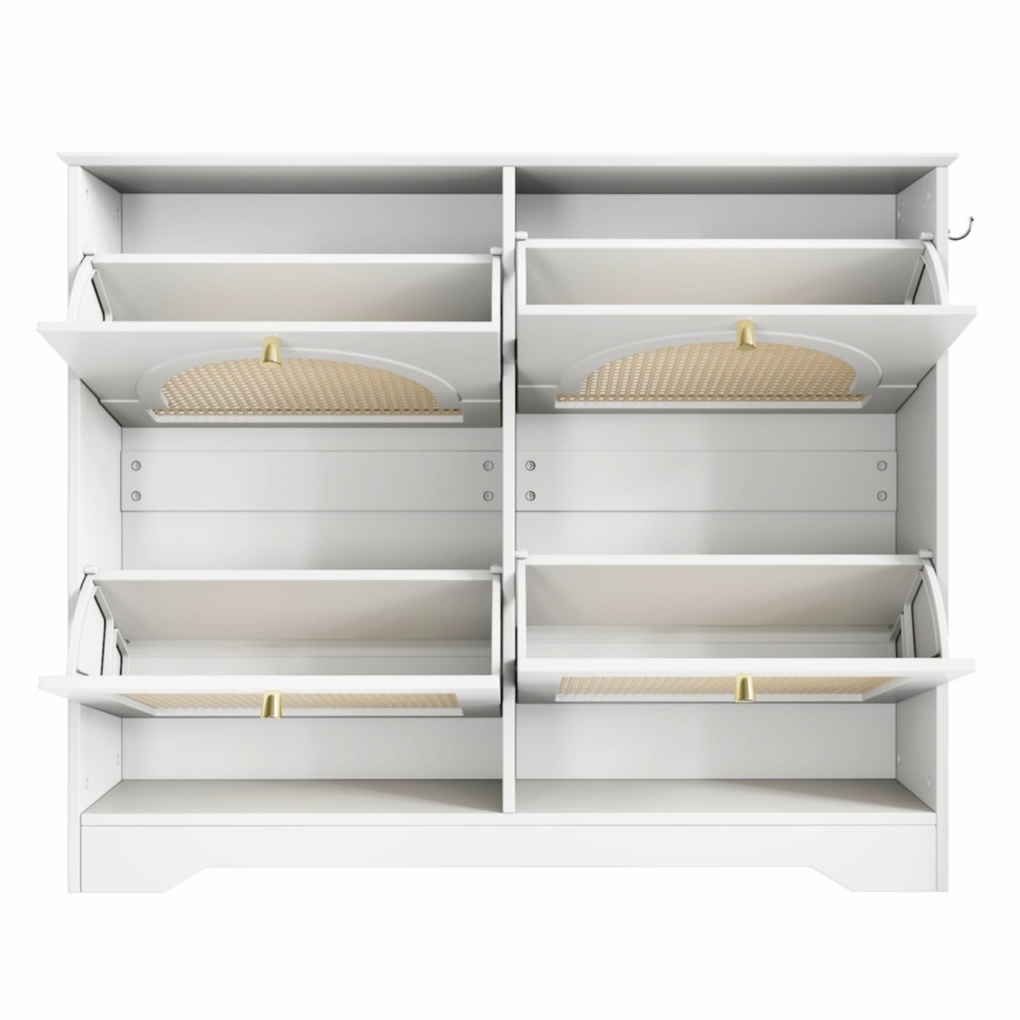 VIYET 35" Mid-Century Narrow Shoe Cabinet, MDF Organizer w/ 4 Rattan Flip Drawers &2 Silver Hooks,Black+white