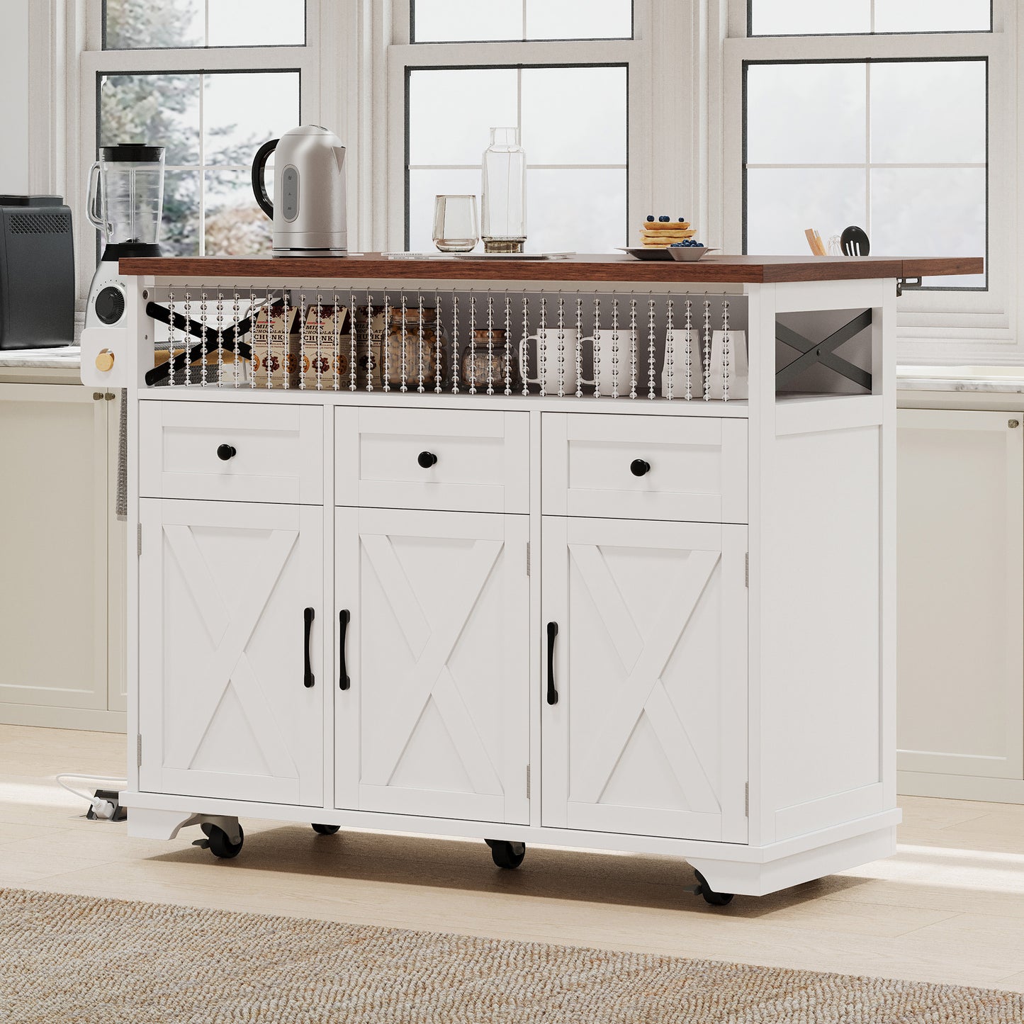 VIYET 39" K&K Farmhouse Rolling Kitchen Island, White MDF Cart w/ Bead Drape, Power Outlet & Drop Leaf (3 Doors+3 Drawers+Internal Iron Shelf)