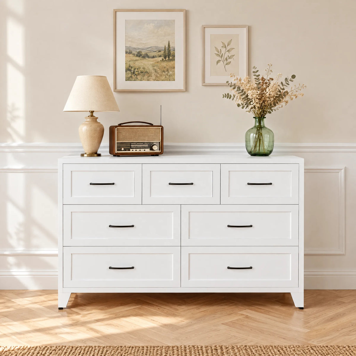 VIYET 7-Drawer White Dresser for Bedroom, Wide Low-Profile Chest of Drawers with Smooth-Glide Storage for Closet & Entryway