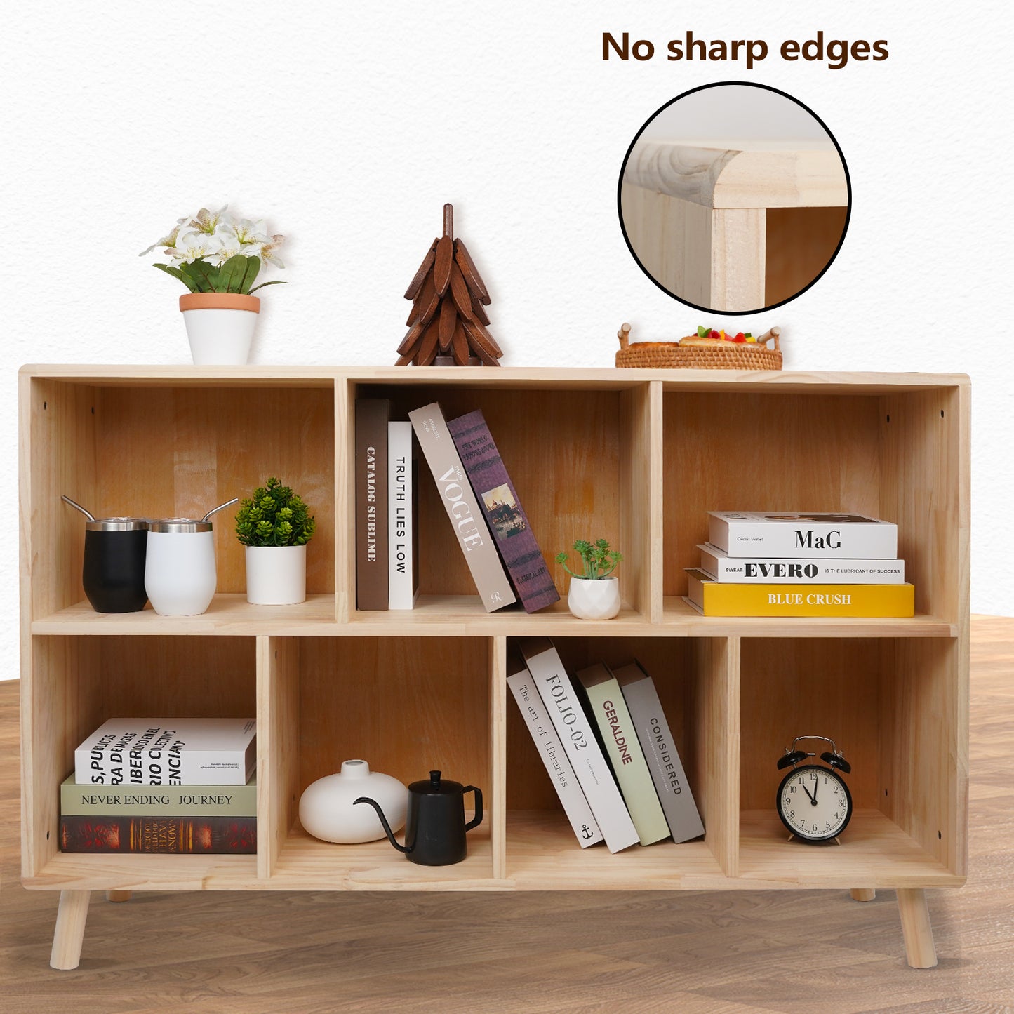VIYET 7 Cube Pine Wood Bookshelf, 45" Storage Organizer Bookcase for Books, Toys & Decor, Modern Wood Shelf for Bedroom, Nursery & Home Office