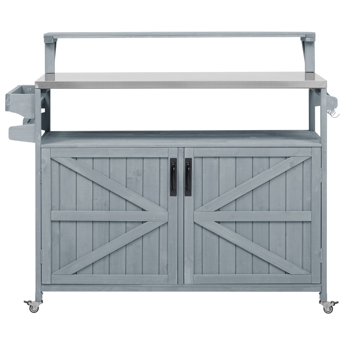 VIYET 43" K&K Outdoor Kitchen Island, Grey-Blue Solid Wood Grill Cart w/ Stainless Steel Top (Raised Shelf+Adjustable Storage Rack)