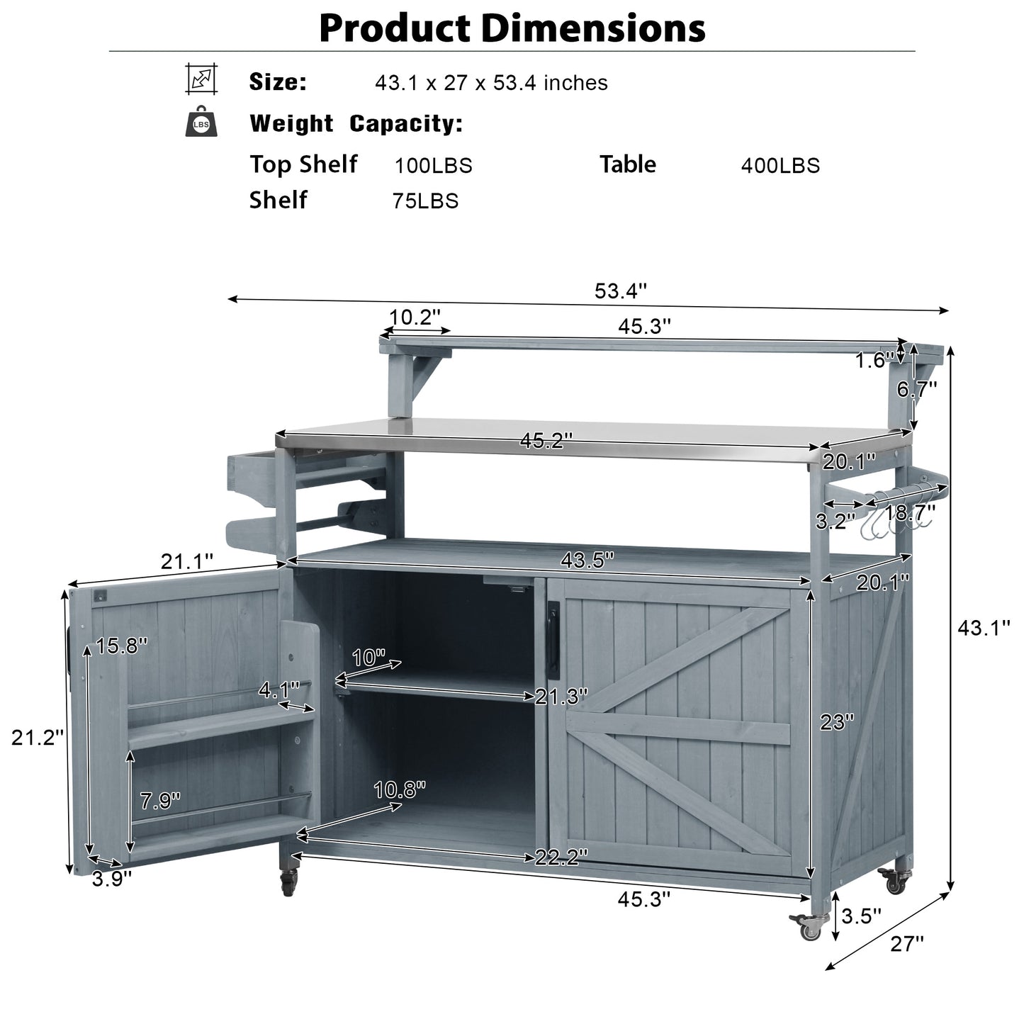VIYET 43" K&K Outdoor Kitchen Island, Grey-Blue Solid Wood Grill Cart w/ Stainless Steel Top (Raised Shelf+Adjustable Storage Rack)