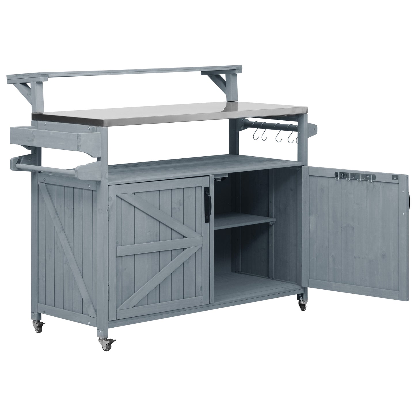 VIYET 43" K&K Outdoor Kitchen Island, Grey-Blue Solid Wood Grill Cart w/ Stainless Steel Top (Raised Shelf+Adjustable Storage Rack)