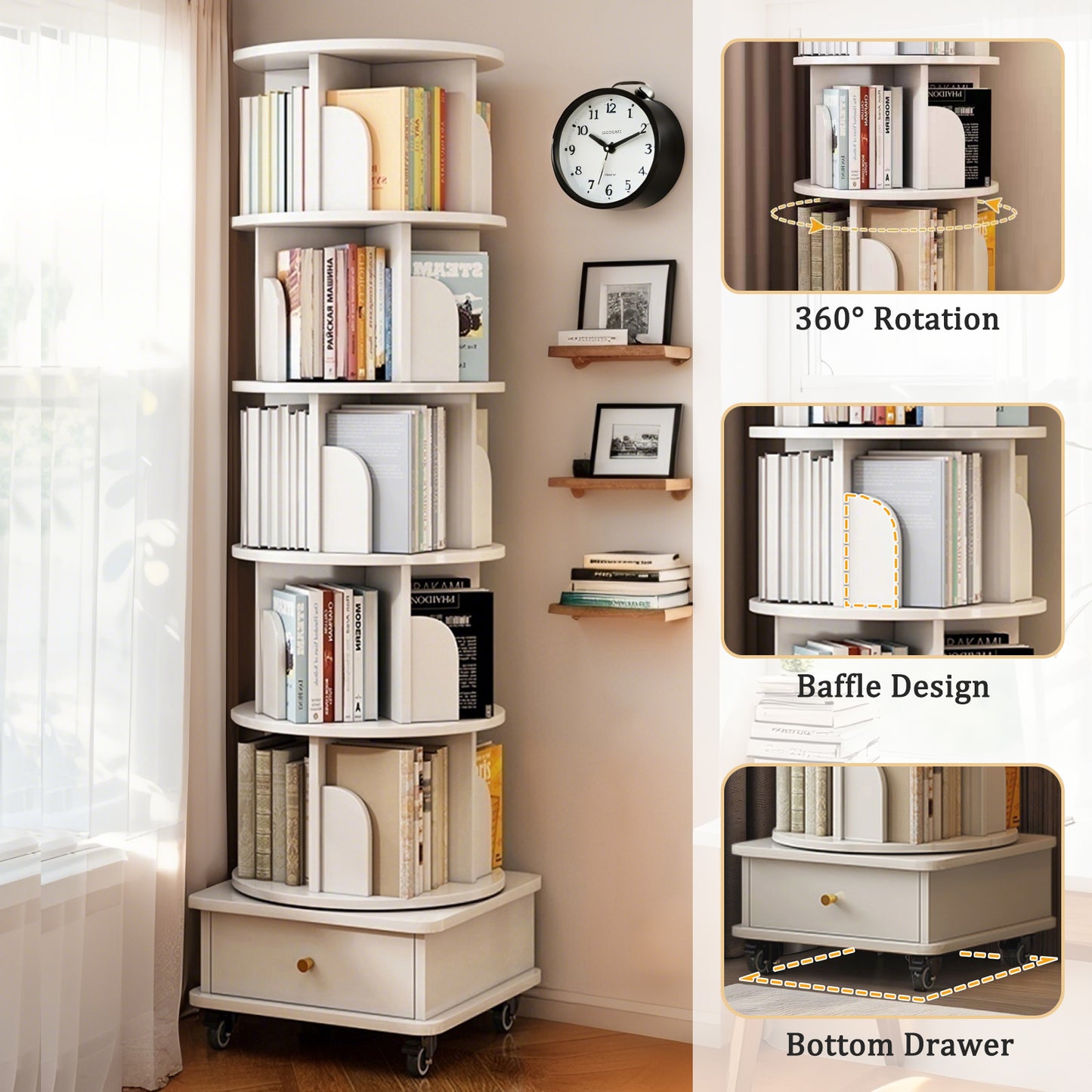 VIYET 68" 6-Tier 360° Rotating Bookshelf, WhiteColor MDF Tower w/ Wheels& Drawer (Space-Saving Storage for Home/Office)