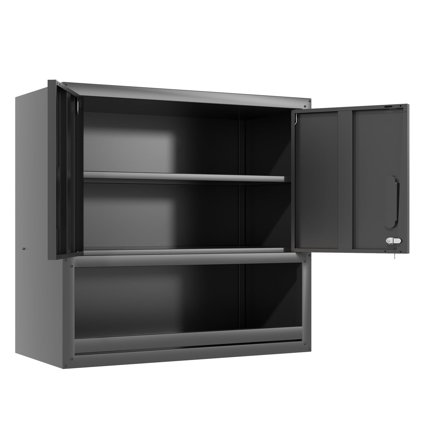 VIYET 30"H Wall-Mounted Steel Cabinet - Locking Doors + Open Drawer + Adjustable Shelf, Cold-Rolled Steel with Rust-Resistant Coating, Black for Garage/Office/Warehouse/Home/School
