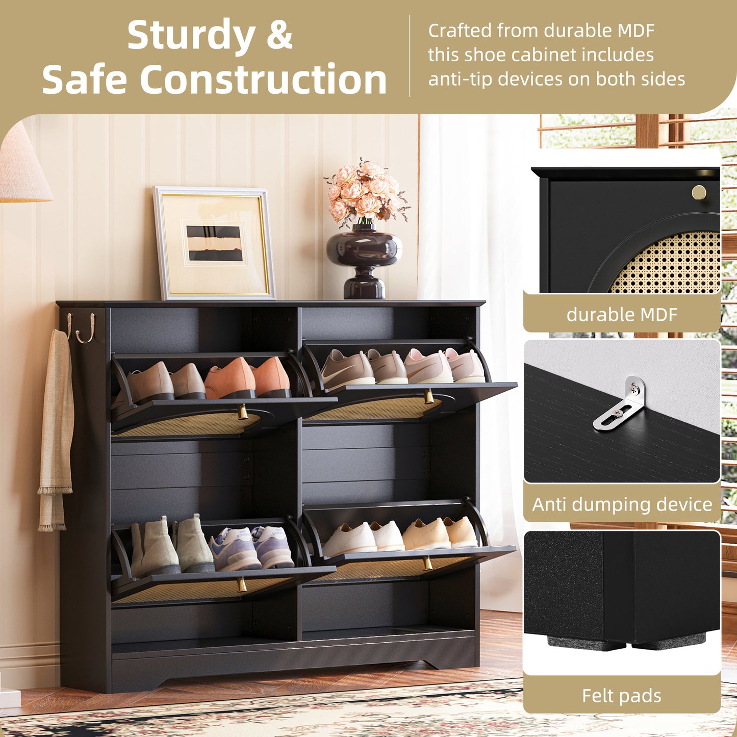 VIYET 35" Mid-Century Narrow Shoe Cabinet, MDF Organizer w/ 4 Rattan Flip Drawers &2 Silver Hooks,Black+white