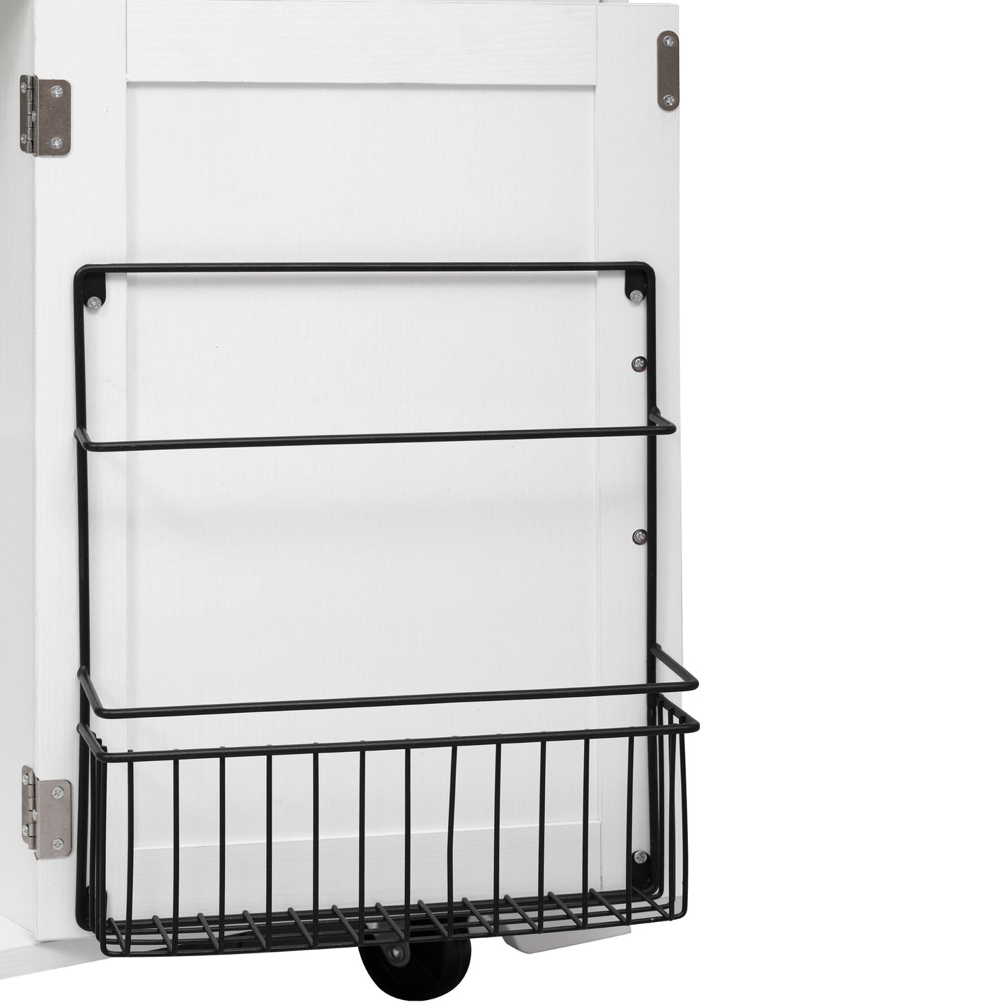 VIYET 39" K&K Farmhouse Rolling Kitchen Island, White MDF Cart w/ Bead Drape, Power Outlet & Drop Leaf (3 Doors+3 Drawers+Internal Iron Shelf)