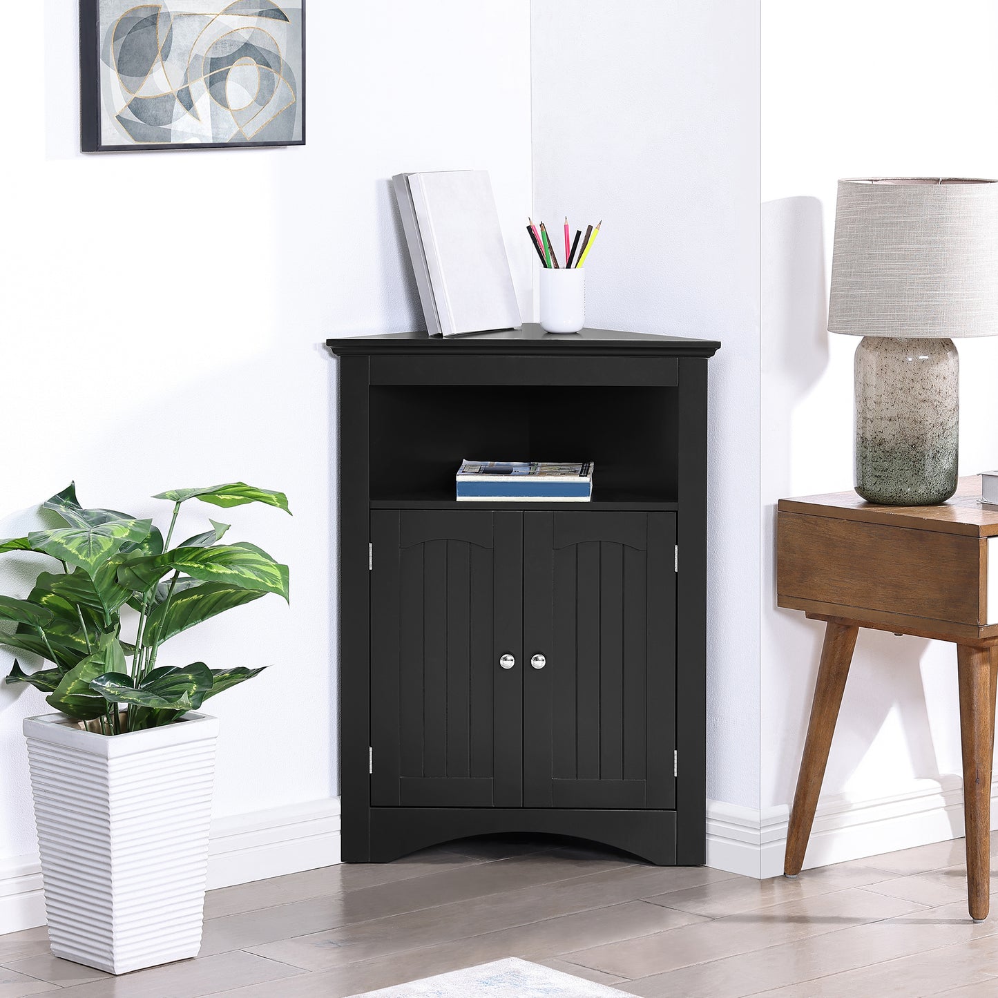 VIYET 32" Multifunctional Corner Cabinet - Black MDF, Freestanding, Doors & Adjustable Shelves