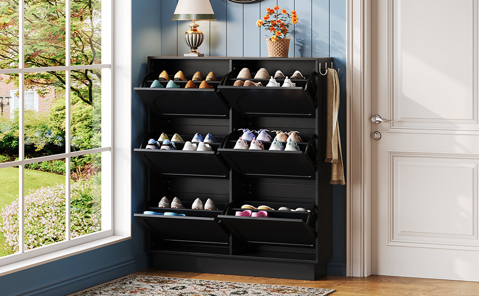 VIYET 49" 6-Flip-Drawer Narrow Shoe Cabinet, Black MDF Cream-Style Organizer w/ Adjustable Shelves & 3 Silver Hooks