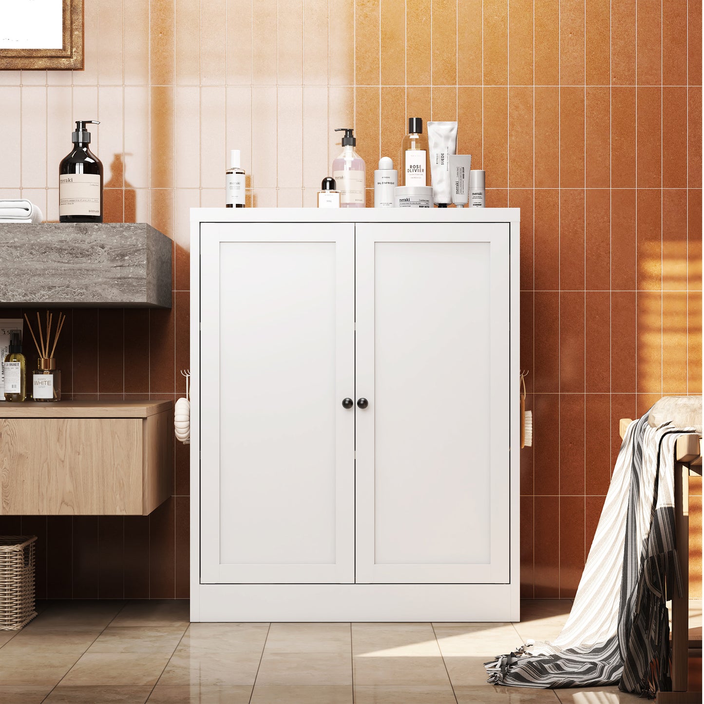 VIYET 35"H White Metal Pantry Cabinet,2 Adjustable Shelves+Side Hooks/Vents,Anti-Tip Freestanding for Kitchen/Dining/Apartment