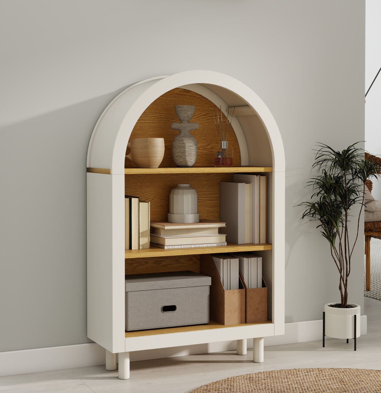 VIYET 3-Tier Arched Top Small Bookcase, White & Oak Woodgrain Modern Storage Cabinet, Engineered Wood Open Shelf for Living Room Bedroom Entryway
