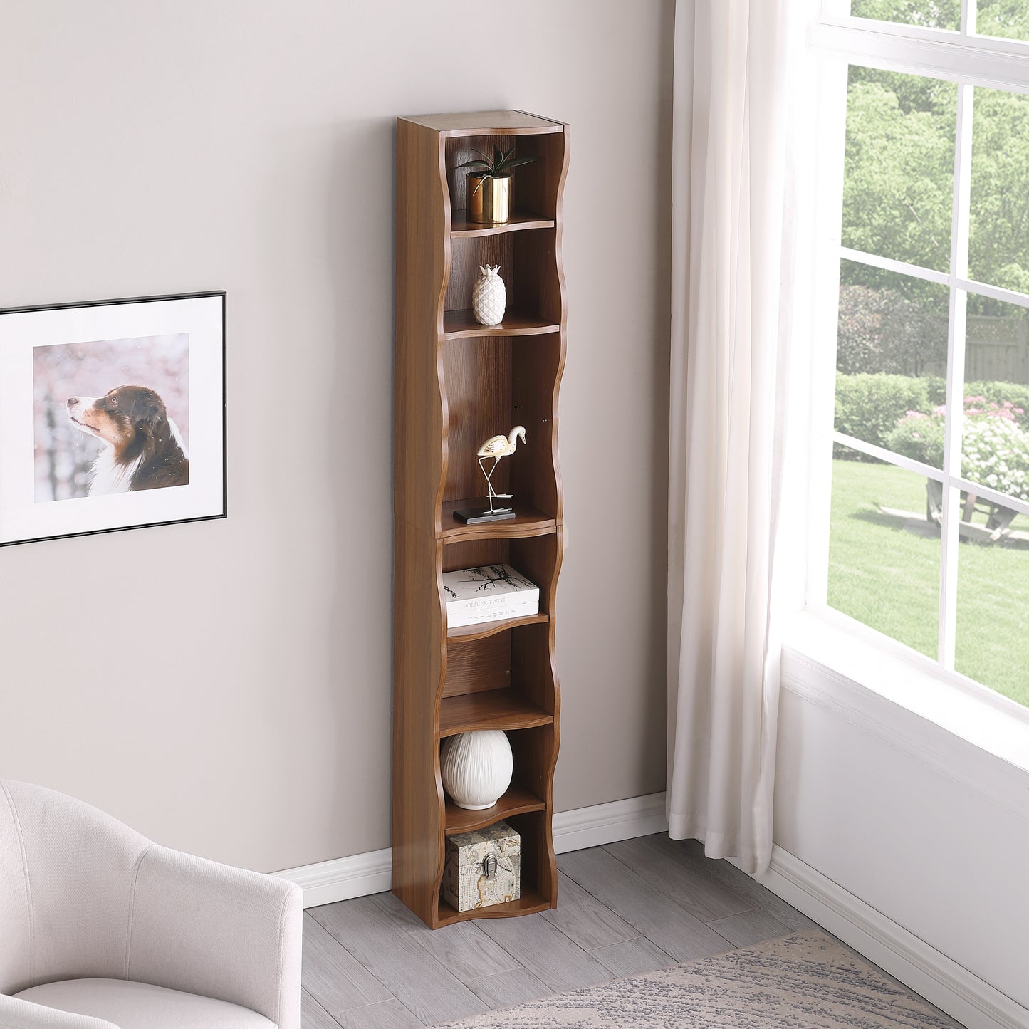 VIYET 71"8-Tier Ultra-Thin Adjustable Bookshelf, Walnut MDF Display Rack w/ Wavy Border (Detachable Home Office Organizer)