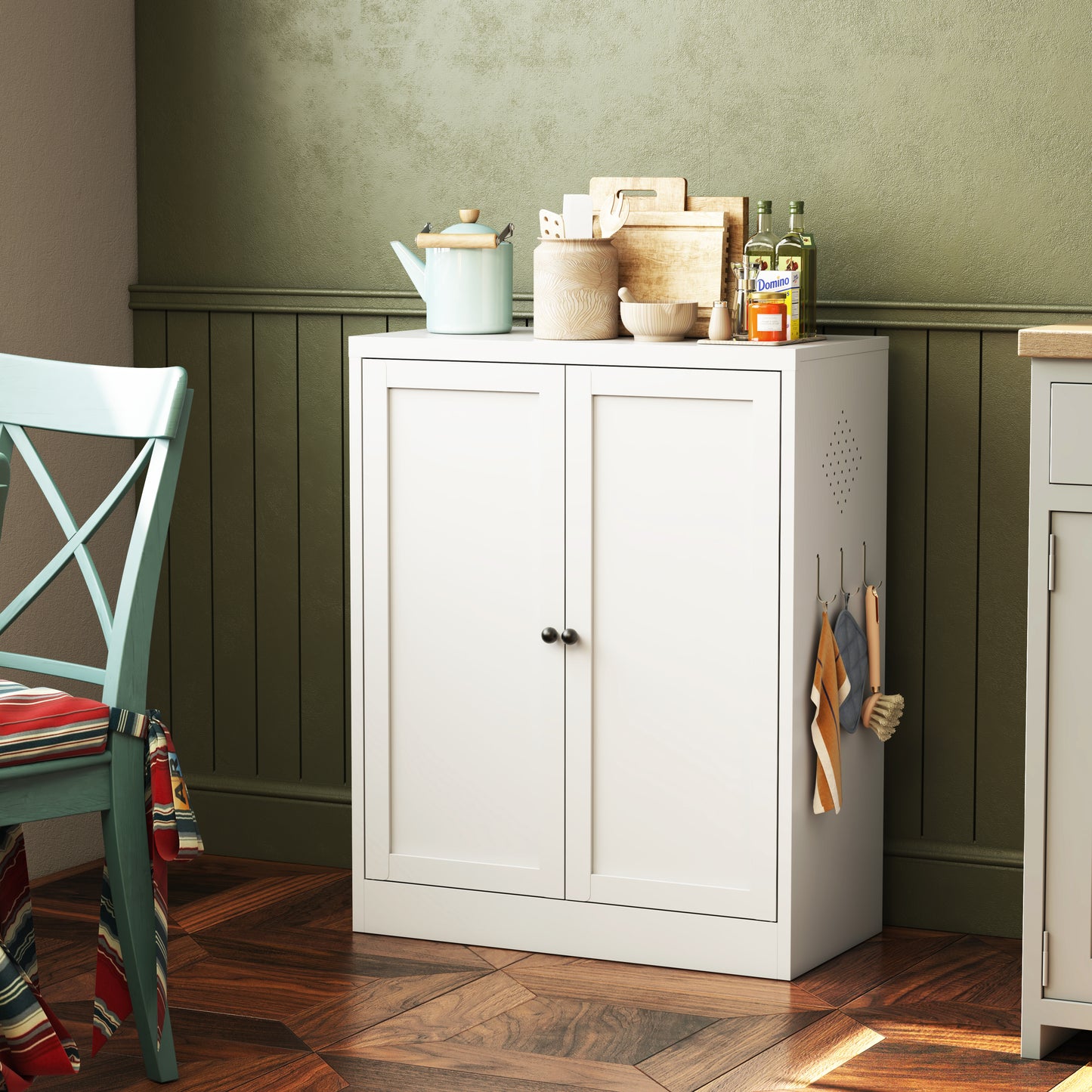 VIYET 35"H White Metal Pantry Cabinet,2 Adjustable Shelves+Side Hooks/Vents,Anti-Tip Freestanding for Kitchen/Dining/Apartment