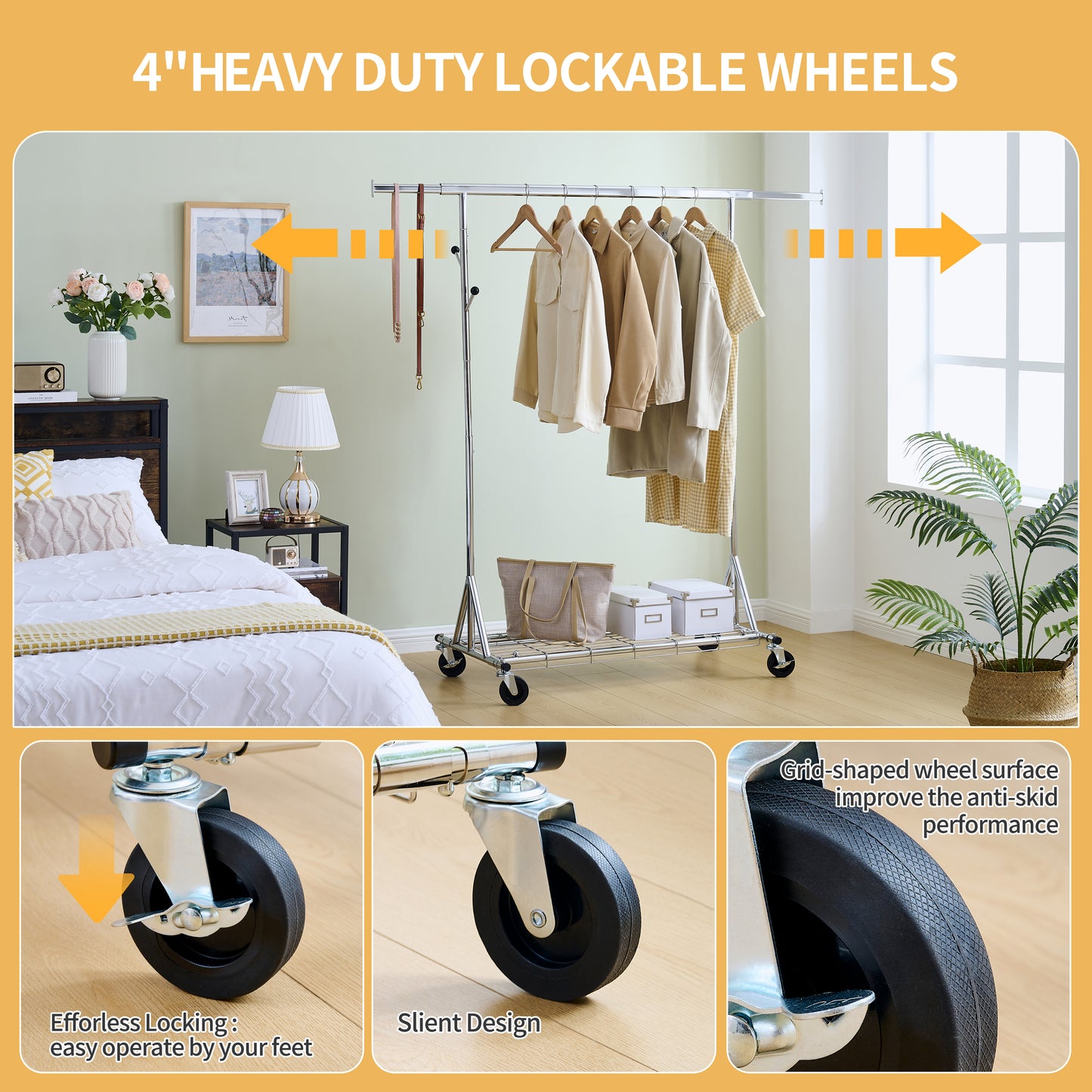 VIYET 68" 600LBS Heavy-Duty Rolling Clothes Rack, Collapsible Iron Commercial Garment Rack (Portable Hanger for Bedroom)