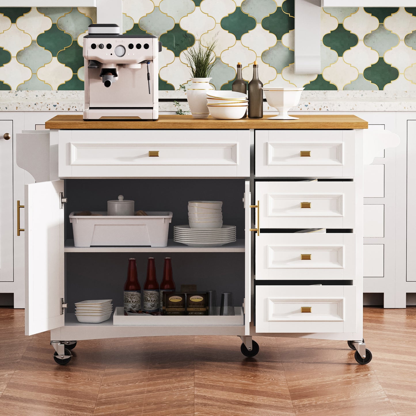 VIYET 36" K&K Kitchen Island with Drop Leaf, White MDF Storage Cart w/ Oak Veneer Top (2 Doors+5 Drawers+Adjustable Shelf)