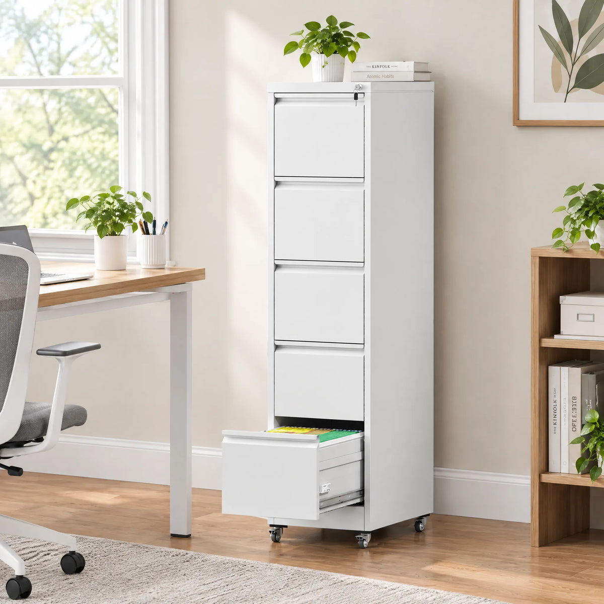 VIYET 5-Drawer Mobile File Cabinet with Lock, 64" Tall Vertical Metal Filing Cabinet with Wheels for Home Office, Legal & Letter Size