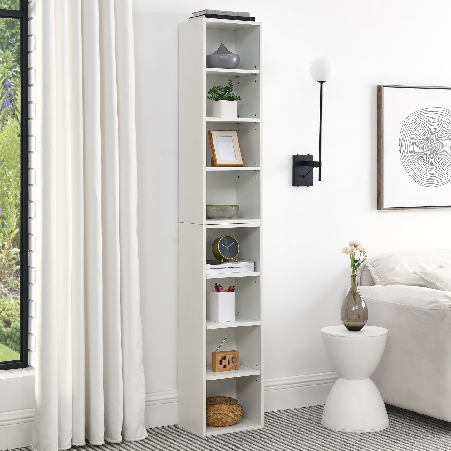 VIYET 11.6"×9.3"×70.9" 8-Tier Media Tower Rack - White MDF, Adjustable Shelves