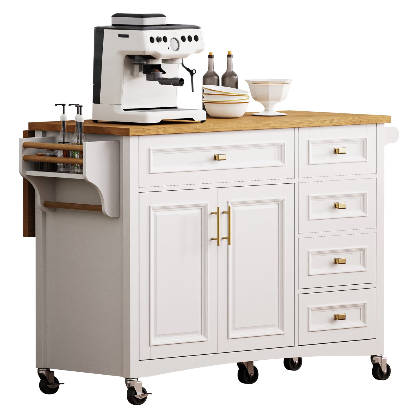 VIYET 36" K&K Kitchen Island with Drop Leaf, White MDF Storage Cart w/ Oak Veneer Top (2 Doors+5 Drawers+Adjustable Shelf)