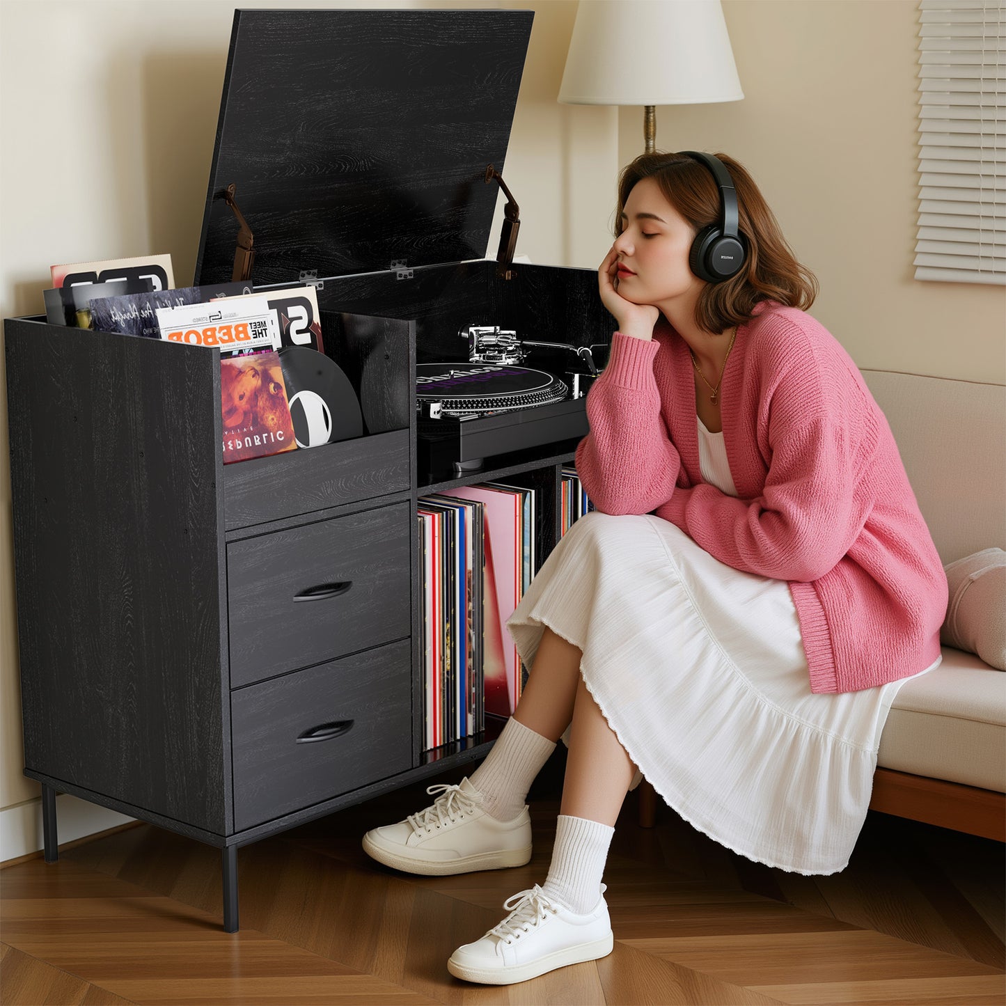VIYET 35" Eco-Friendly Record Player Stand with Flip-Top, Black MDF+Metal Media Console w/ 2-Outlet Power Strip & Dustproof Storage