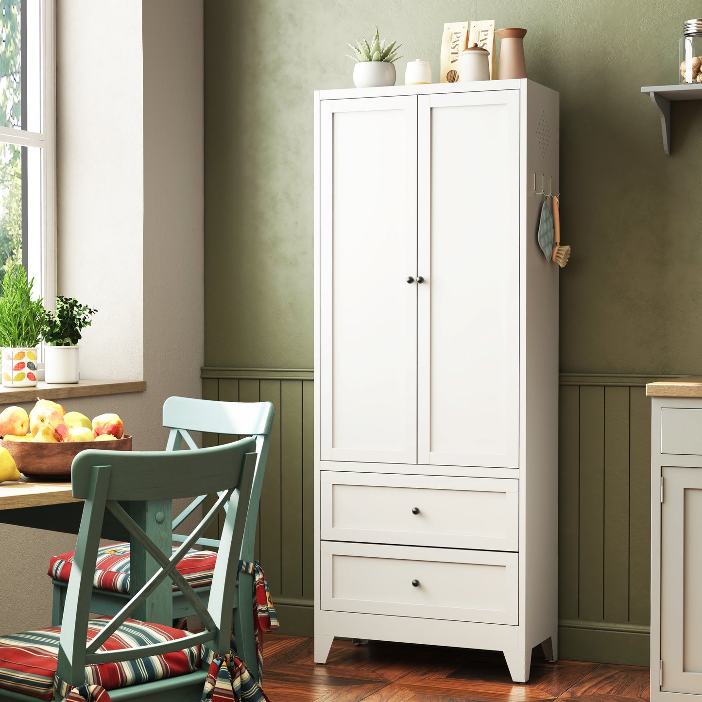 VIYET 72"H Heavy-Duty Steel Pantry Cabinet,2 Drawers+2 Adjustable Shelves,60LBS/Level Freestanding for Kitchen/Pantry/Dining Room (White)