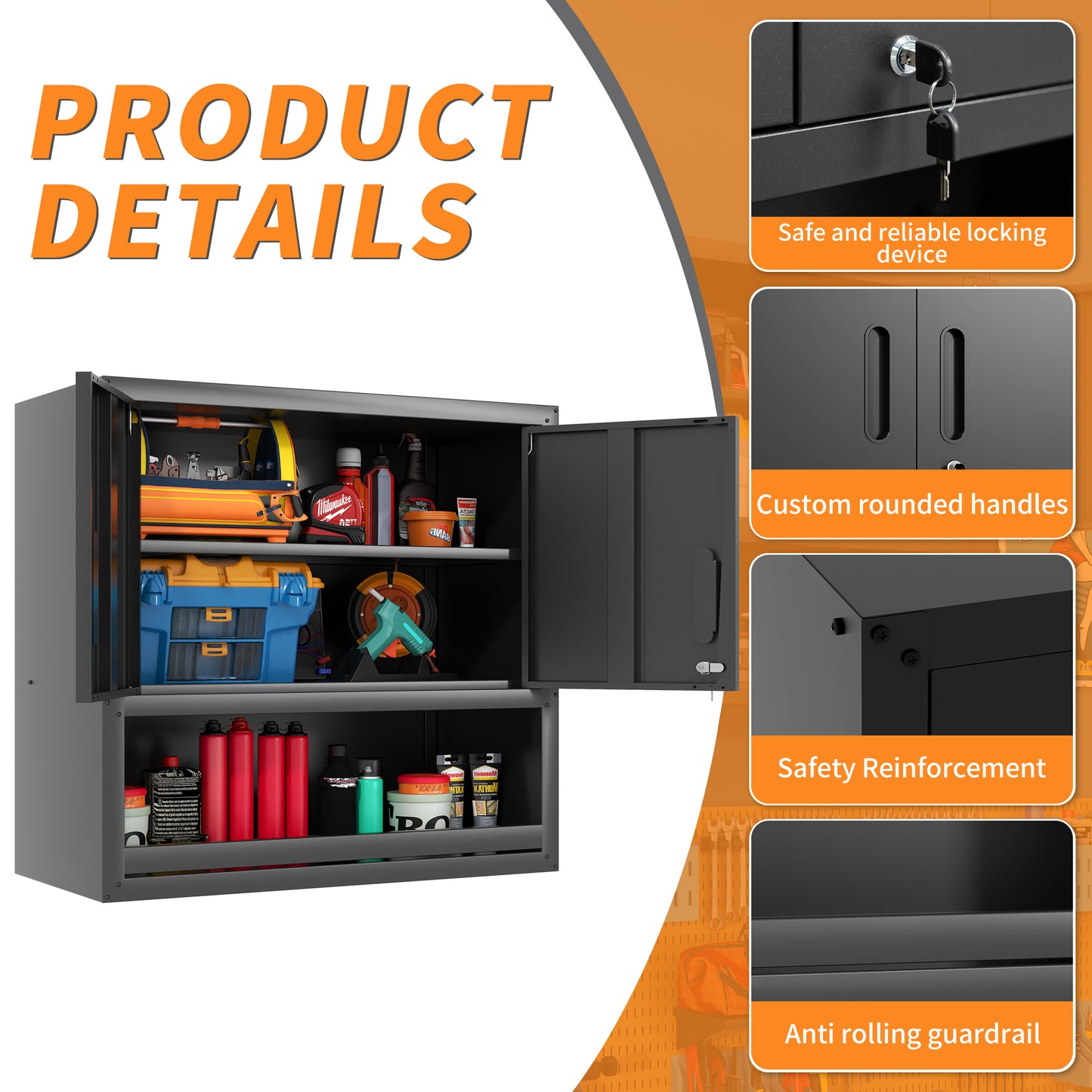 VIYET 30"H Wall-Mounted Steel Cabinet, Locking Doors, Open Drawer & Adjustable Shelf, Rust-Resistant Cold-Rolled Steel, Garage/Office/Warehouse/Home/School