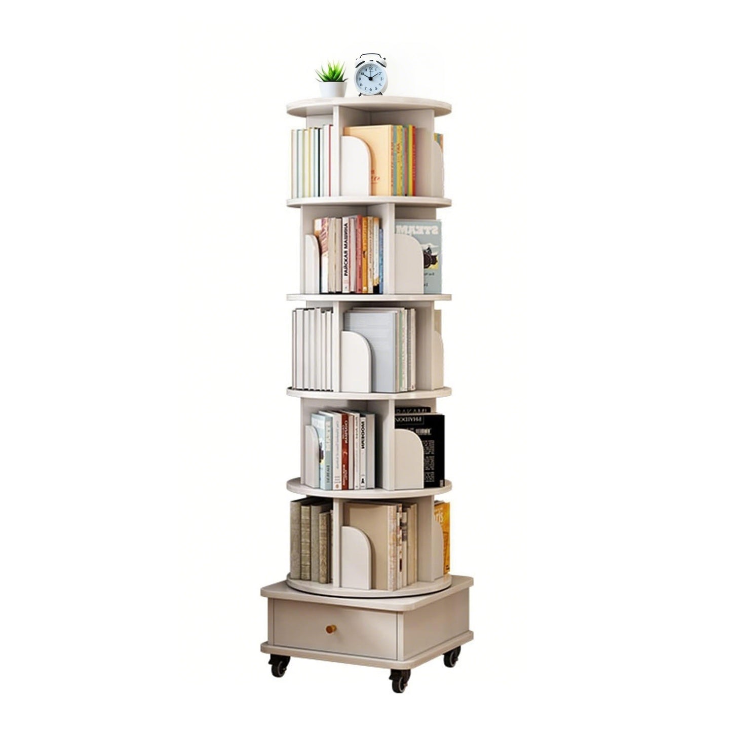 VIYET 68" 6-Tier 360° Rotating Bookshelf, WhiteColor MDF Tower w/ Wheels& Drawer (Space-Saving Storage for Home/Office)