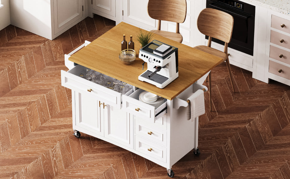 VIYET 36" K&K Kitchen Island with Drop Leaf, White MDF Storage Cart w/ Oak Veneer Top (2 Doors+5 Drawers+Adjustable Shelf)