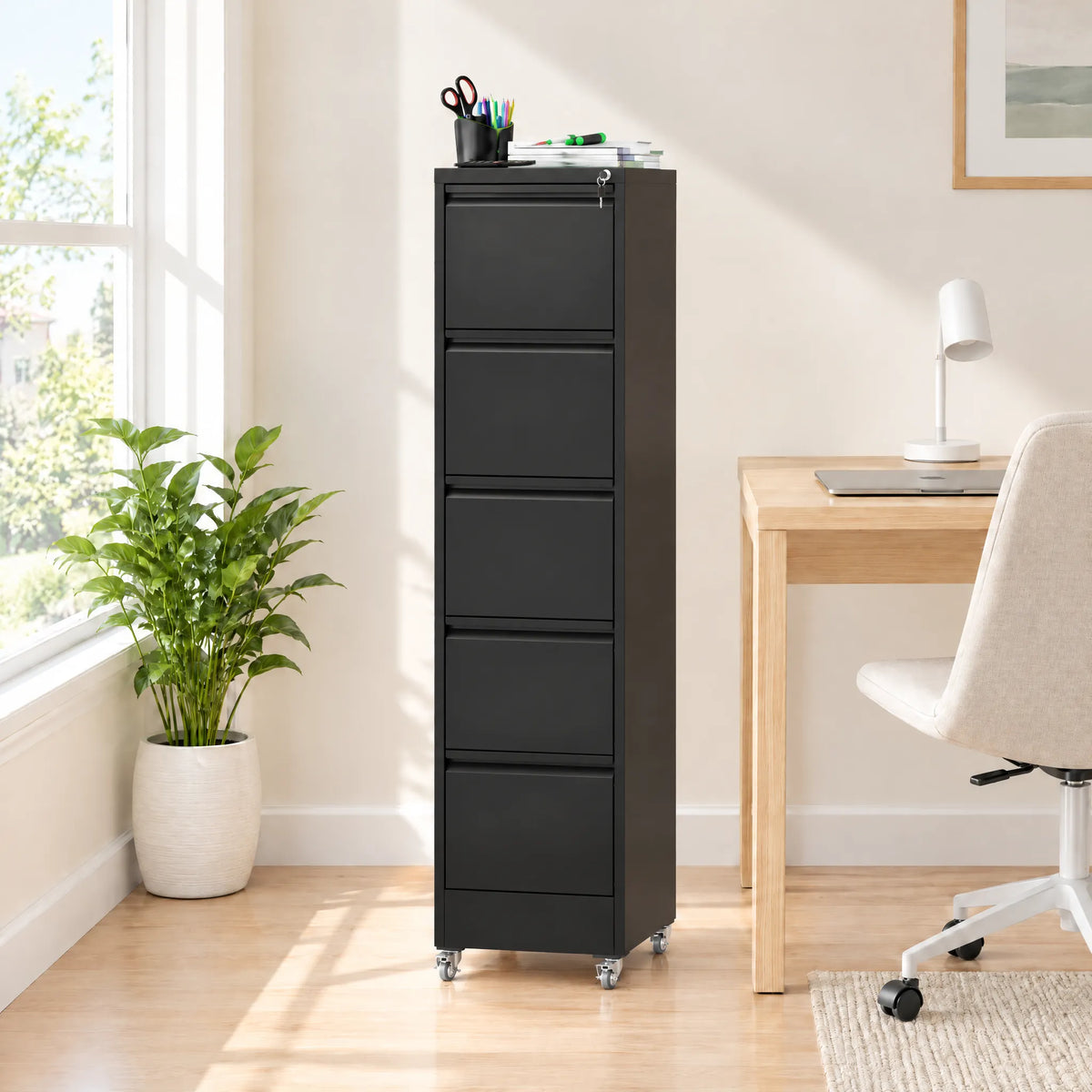 VIYET 5 Drawer Vertical File Cabinet, Metal Rolling Filing Cabinet with Lock, Fits A4, Letter & Legal Files, Home Office Storage