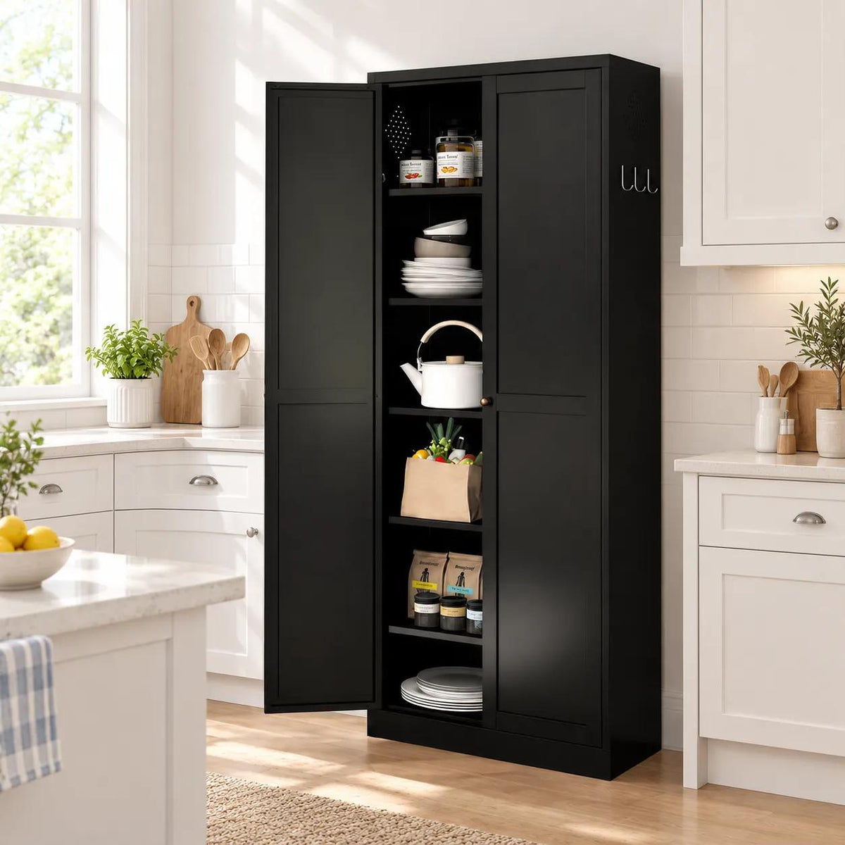 VIYET 72" Black Metal Pantry Cabinet with Doors, 5 Adjustable Shelves, Freestanding Kitchen Storage Cabinet for Pantry, Bathroom & Home