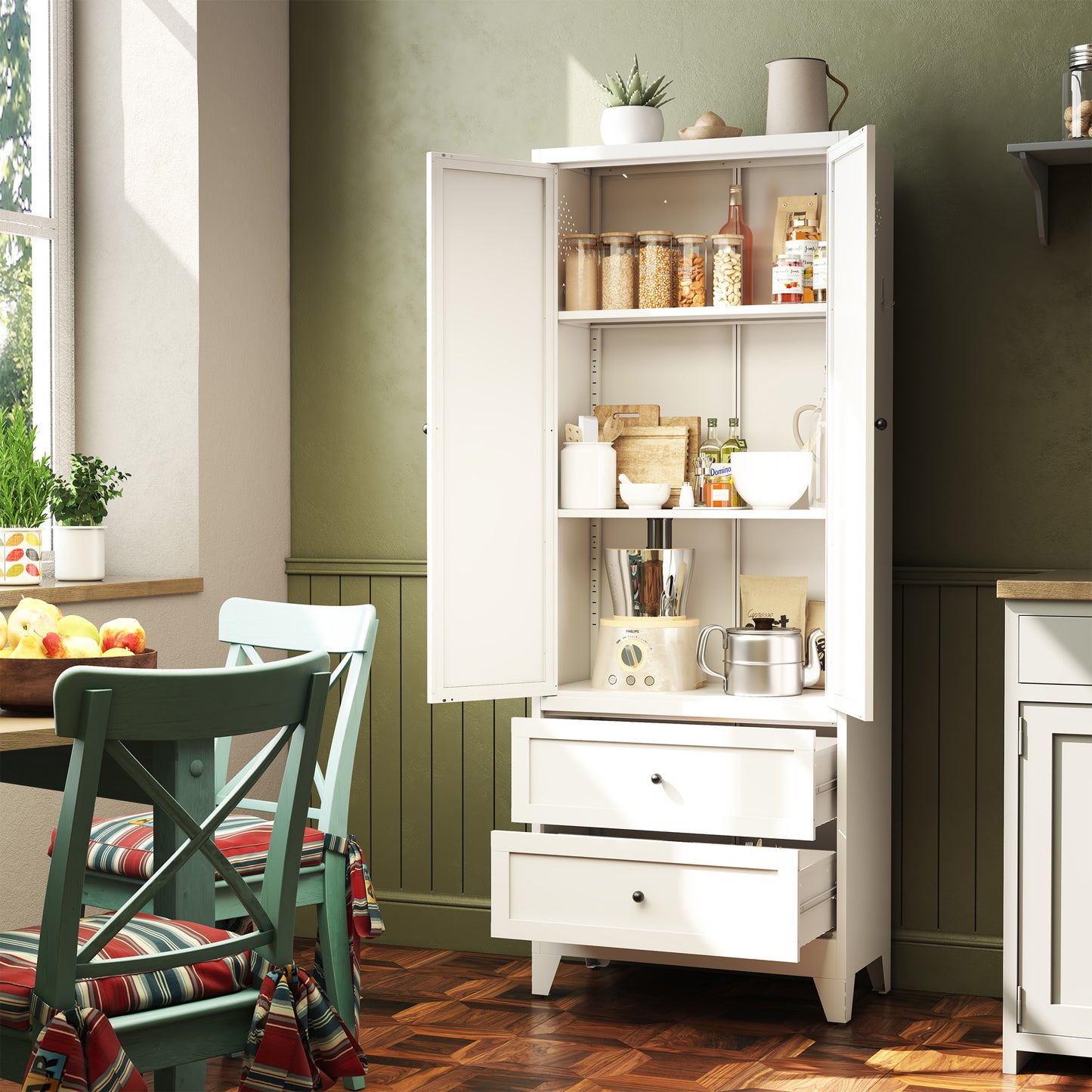 VIYET 72"H Heavy-Duty Steel Pantry Cabinet,2 Drawers+2 Adjustable Shelves,60LBS/Level Freestanding for Kitchen/Pantry/Dining Room (White)