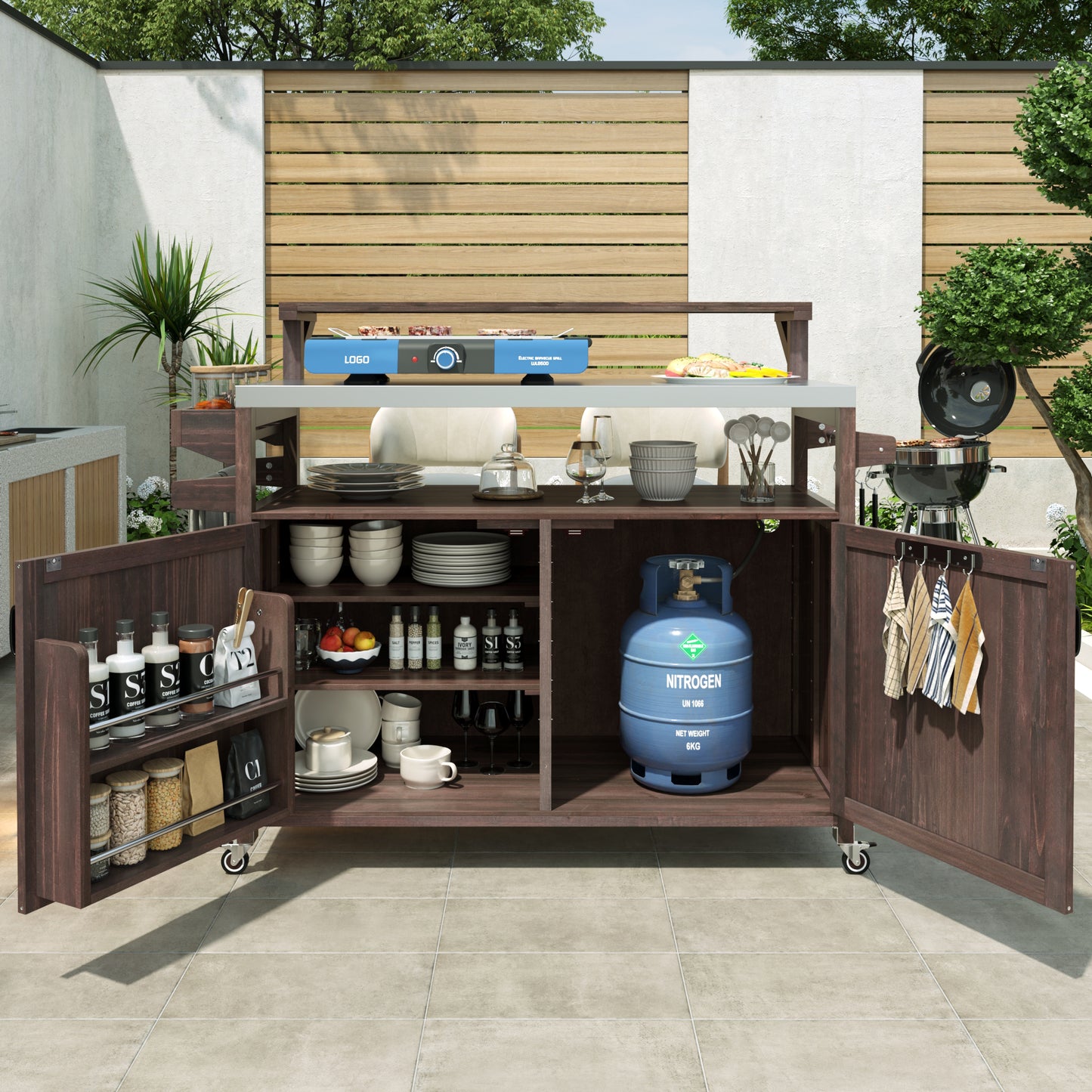 VIYET 43" K&K Outdoor Kitchen Island, Brown Solid Wood Grill Cart w/ Stainless Steel Top (Raised Shelf+Adjustable Storage Rack)