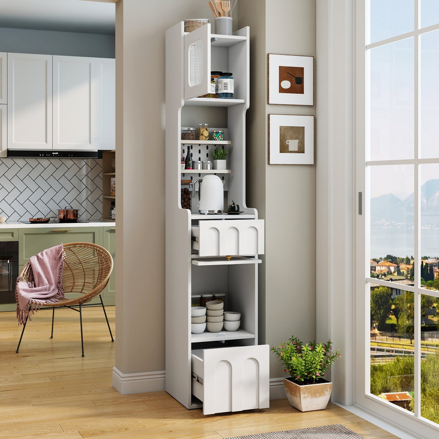 VIYET 71" Tall Narrow Storage Cabinet - White Particle Board+MDF, 1 Door & 2 Drawers, Kitchen Use