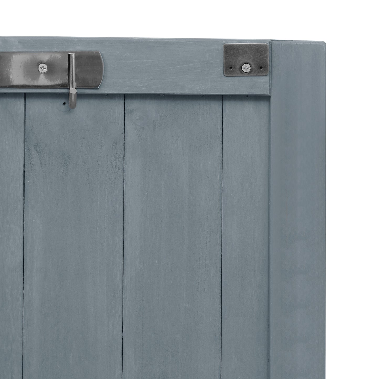 VIYET 43" K&K Outdoor Kitchen Island, Grey-Blue Solid Wood Grill Cart w/ Stainless Steel Top (Raised Shelf+Adjustable Storage Rack)