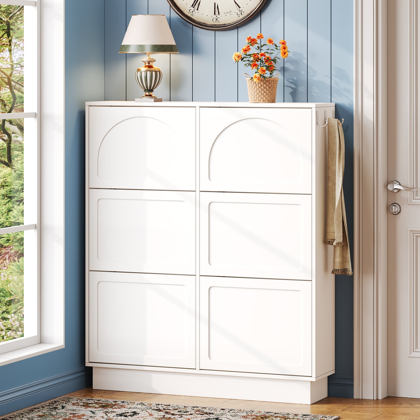 VIYET 49" Cream-Style Narrow Shoe Cabinet, White MDF Organizer w/ 6 Flip Drawers & 3 Silver Hooks (Adjustable Shelves)
