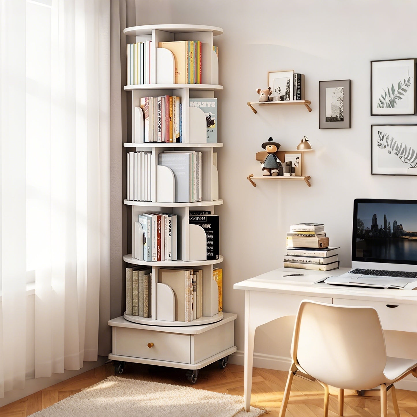 VIYET 68" 6-Tier 360° Rotating Bookshelf, WhiteColor MDF Tower w/ Wheels& Drawer (Space-Saving Storage for Home/Office)