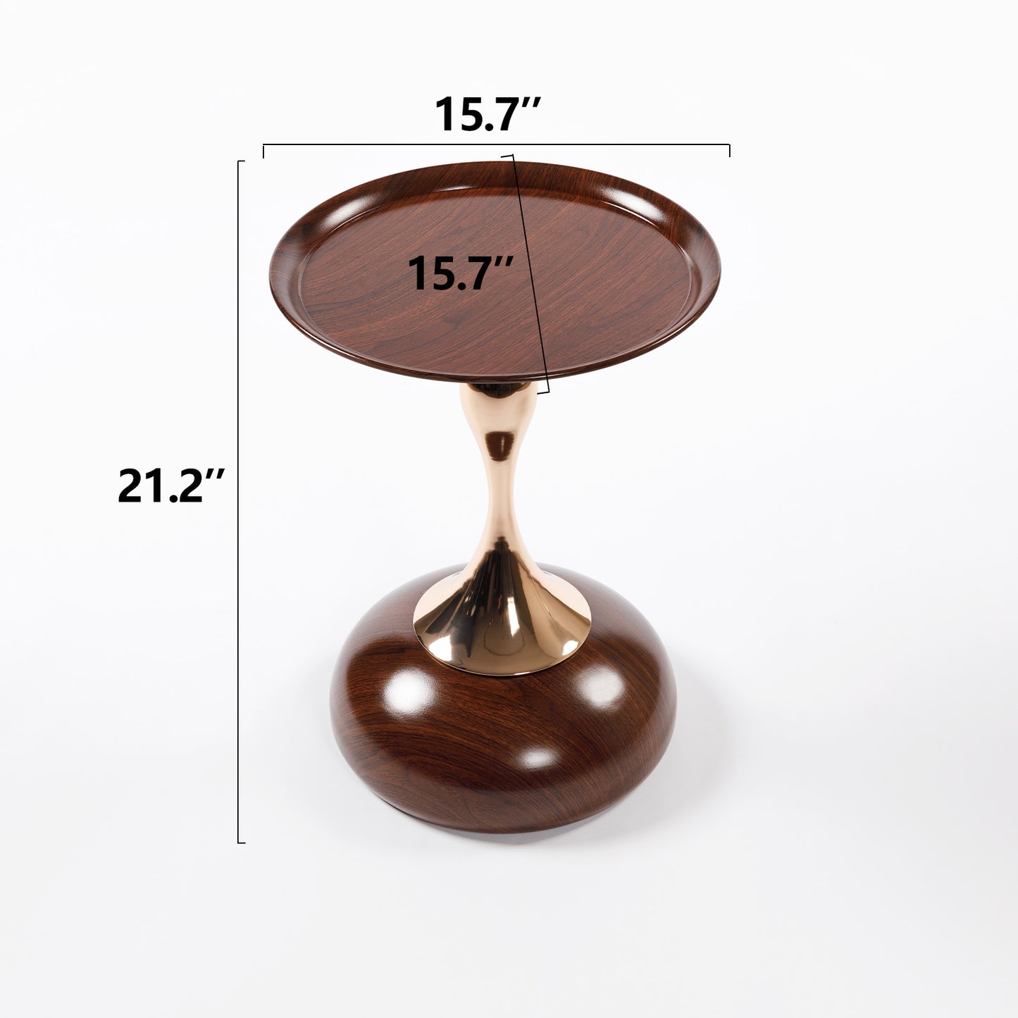 VIYET 21" Mermaid Tail Round End Table, Art Deco Metal Pedestal Accent Table, Minimalist Tray-Style Side Table for Small Spaces (Walnut Brown)