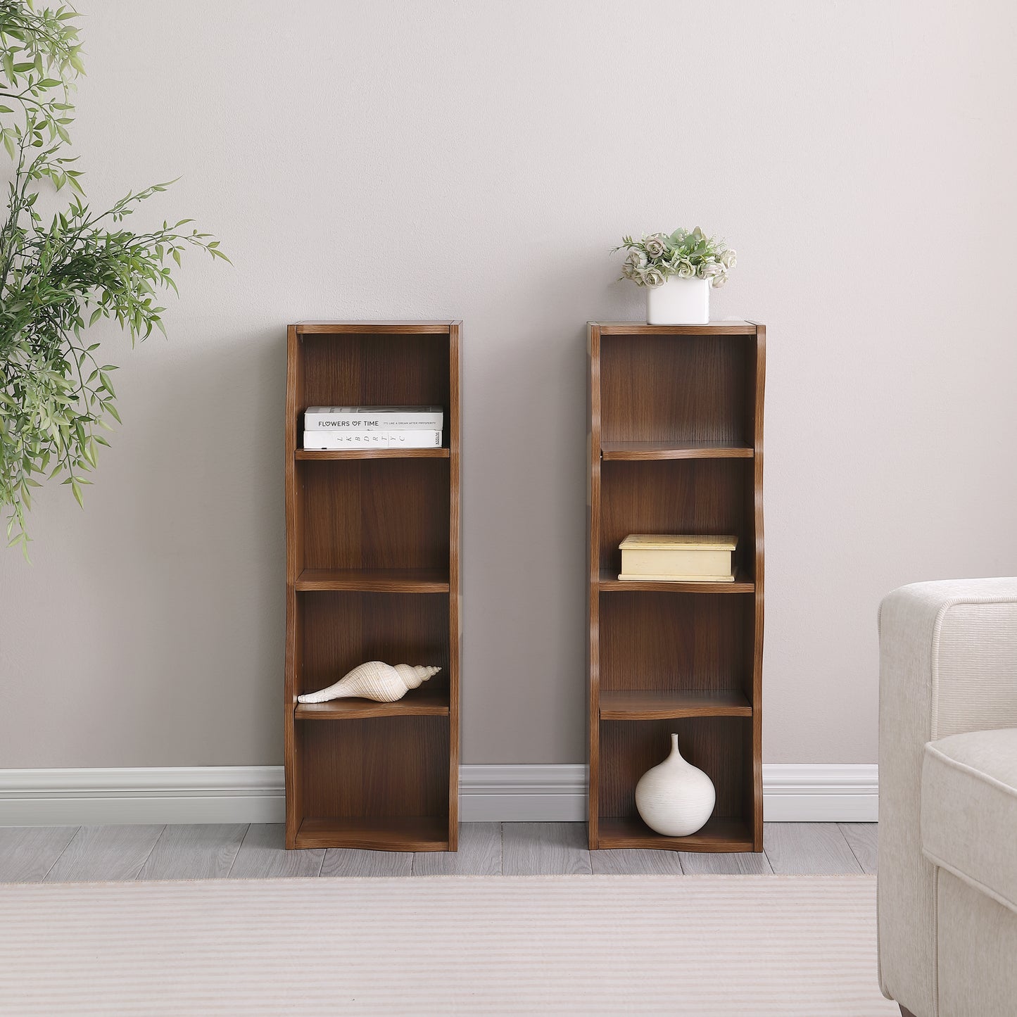 VIYET 71"8-Tier Ultra-Thin Adjustable Bookshelf, Walnut MDF Display Rack w/ Wavy Border (Detachable Home Office Organizer)