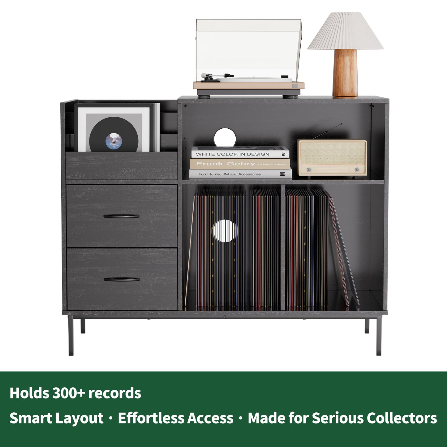VIYET 35" Eco-Friendly Record Player Stand with Flip-Top, Black MDF+Metal Media Console w/ 2-Outlet Power Strip & Dustproof Storage