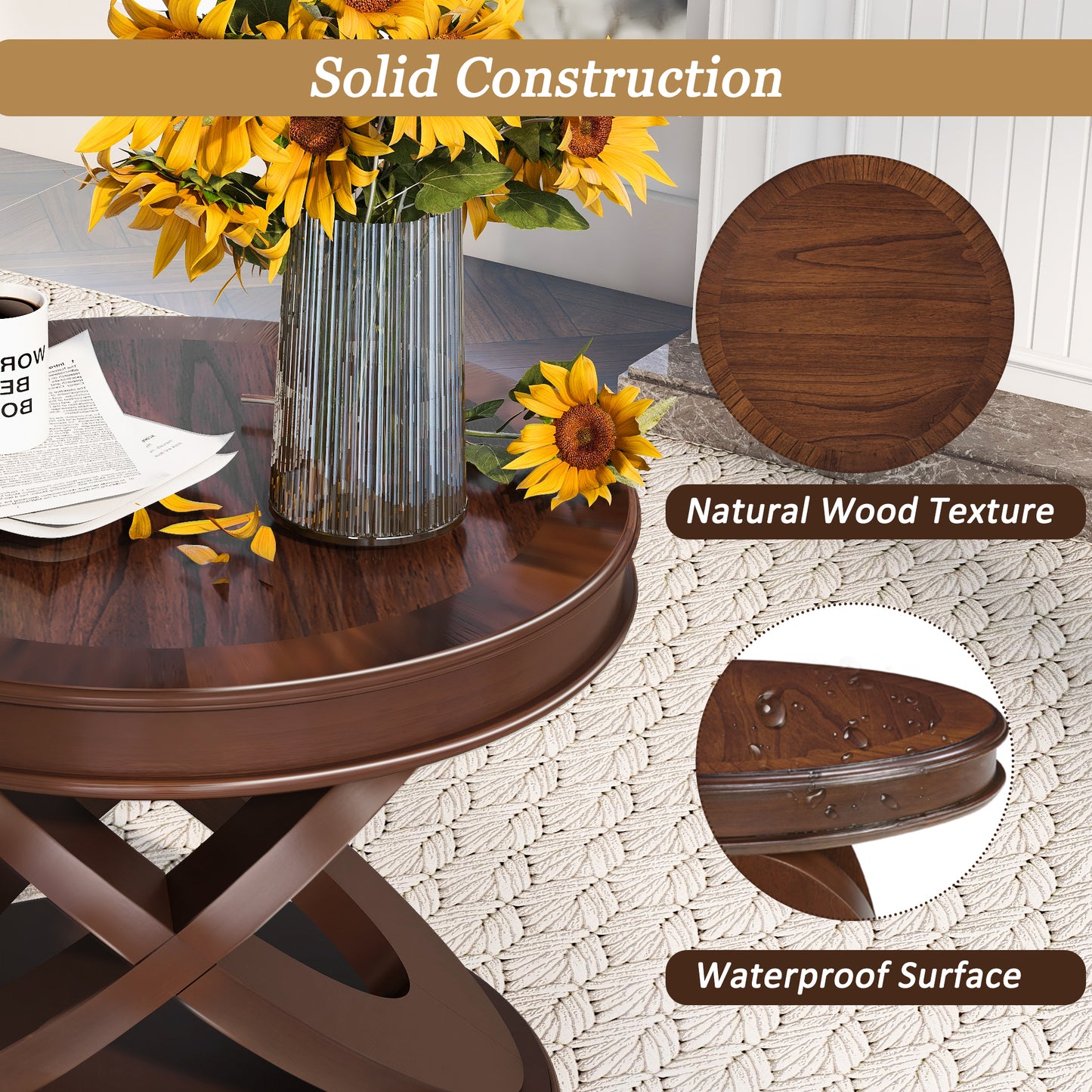 VIYET 20" Retro Round Wooden End Table - X-Shape Base, Solid Wood Veneer, Walnut